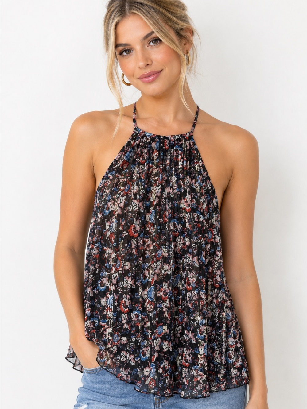 Rare Editions Black Floral Halter Pleated Tank Blouse